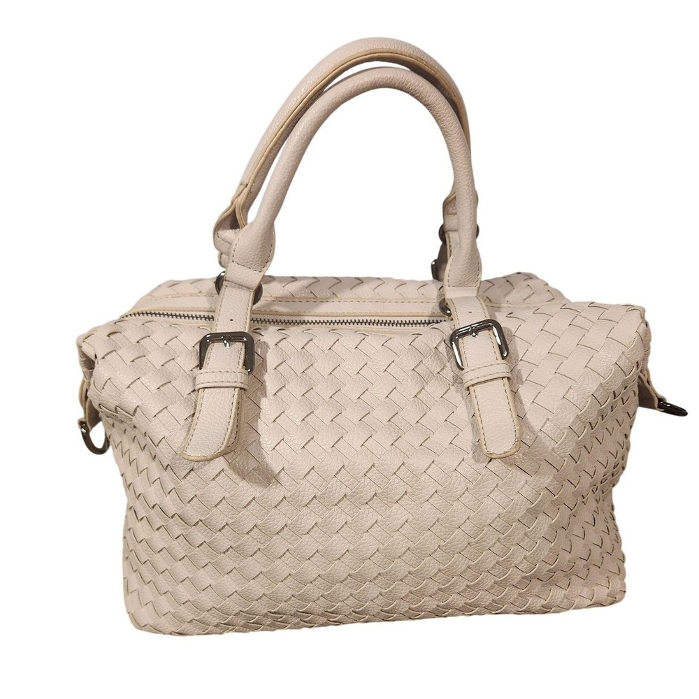 Vintage WD.NY Satchel Bag Womens Medium Beige Faux Leather Woven Top Handle